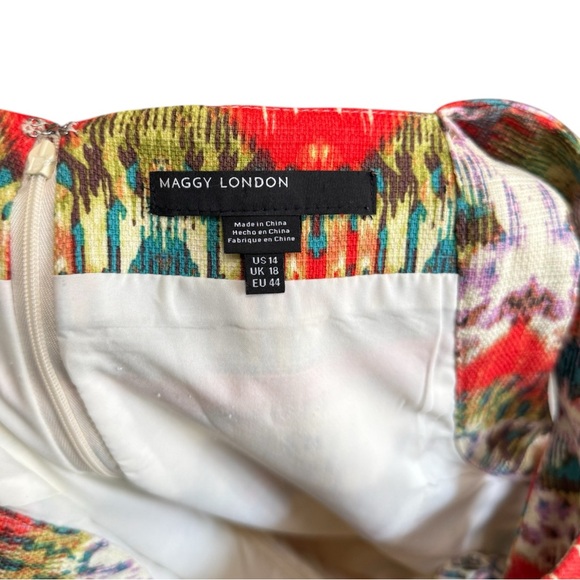 Maggy London Ikat Stipe Woven Boho Sheath Dress Square Neck Size 14 - Picture 2 of 4